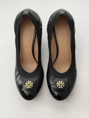 Tory Burch Black Leather Cap-Toe Wedge Heels